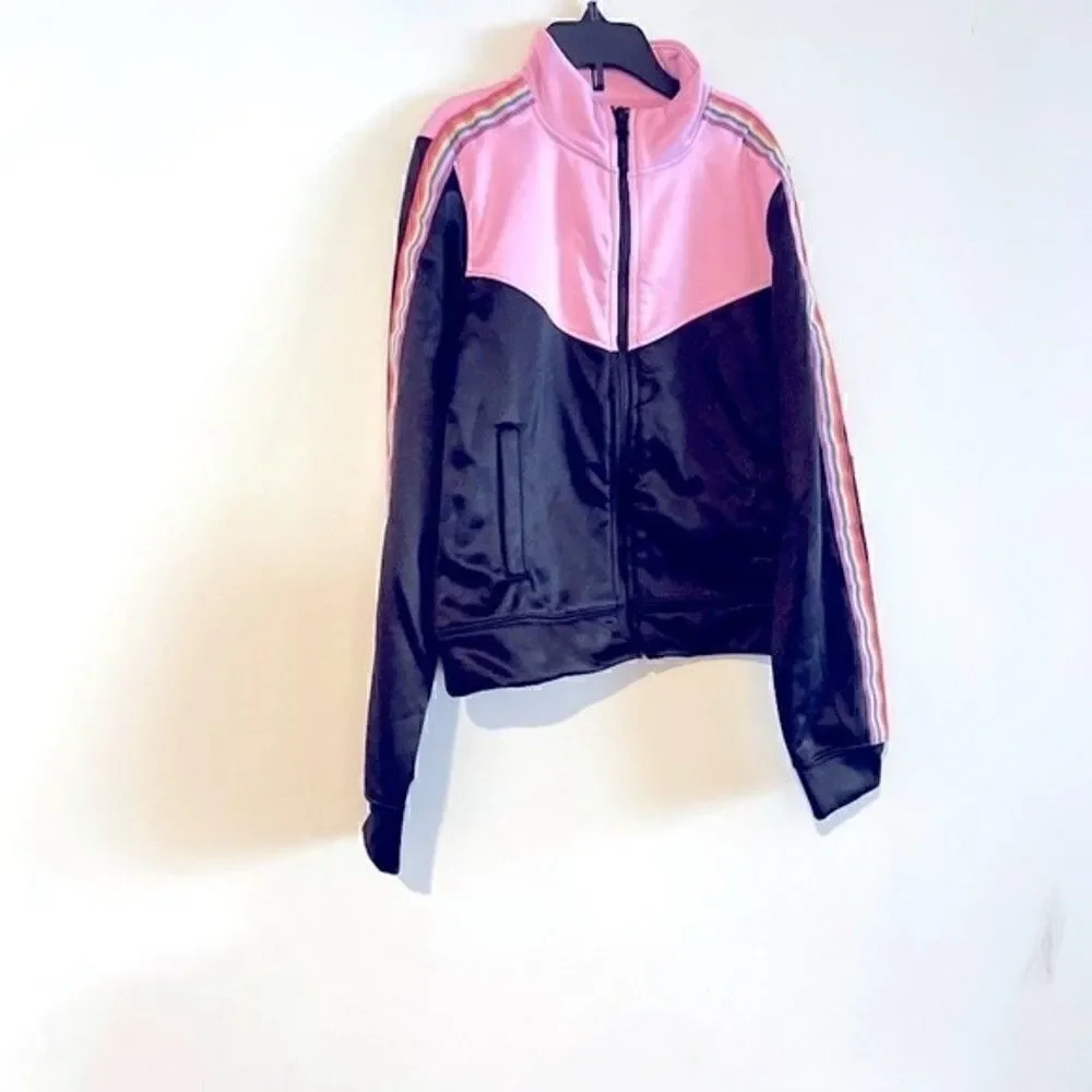 New Ideology Big Girls Rainbow Striped Track Jacket Pink/Black sweater size 14